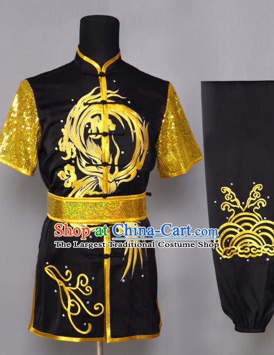 China Martial Arts Clothing Kung Fu Performance Suits Southern Boxing Garment Costumes Wushu Competition Embroidered Dragon Black Uniforms