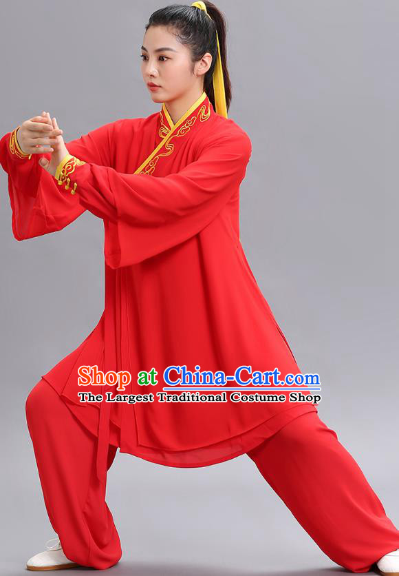 Chinese Martial Arts Performance Garments Tai Ji Chuan Embroidered Red Outfits Tai Chi Kung Fu Competition Clothing