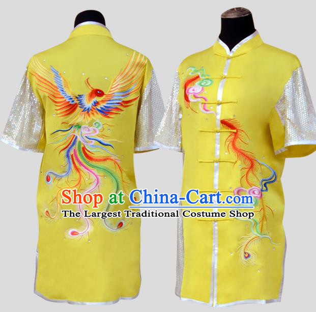 China Martial Arts Clothing Kung Fu Performance Embroidered Yellow Suits Southern Boxing Garment Costumes Wushu Competition Uniforms