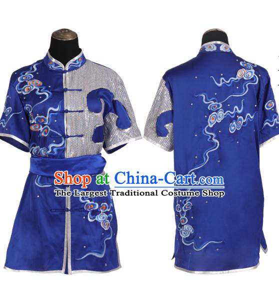 China Southern Boxing Garment Costumes Wushu Training Uniforms Martial Arts Clothing Kung Fu Embroidered Cloud Royalblue Suits