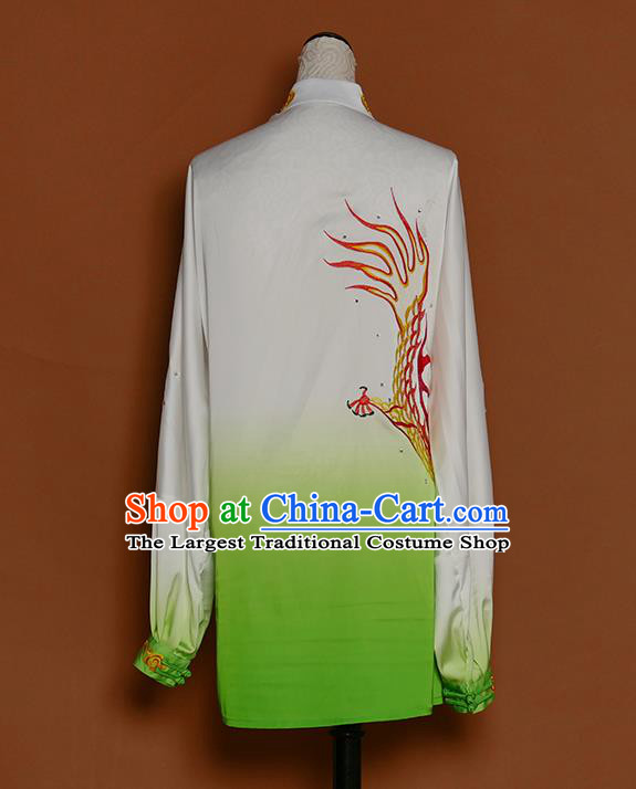 China Martial Arts Garment Costumes Kung Fu Tai Ji Gradient Green Suits Tai Chi Competition Embroidered Dragon Uniforms