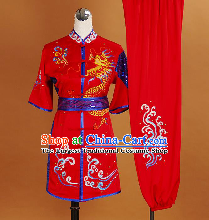 China Kung Fu Tai Ji Performance Red Suits Changquan Boxing Competition Embroidered Dragon Uniforms Martial Arts Garment Costumes