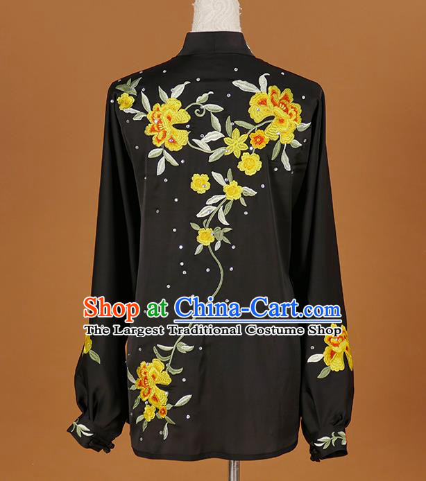 Chinese Martial Arts Long Sleeve Outfits Wushu Competition Embroidered Flowers Clothing Kung Fu Tai Chi Performance Black Suits
