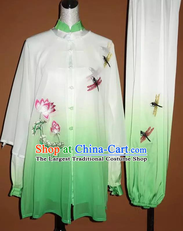 Chinese Kung Fu Tai Chi Performance Green Suits Martial Arts Outfits Wushu Competition Embroidered Lotus Clothing