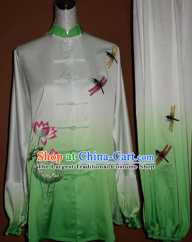 Chinese Kung Fu Tai Chi Performance Green Suits Martial Arts Outfits Wushu Competition Embroidered Lotus Clothing