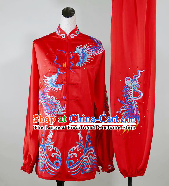 China Changquan Boxing Competition Embroidered Dragon Uniforms Martial Arts Garment Costumes Kung Fu Tai Ji Performance Red Suits