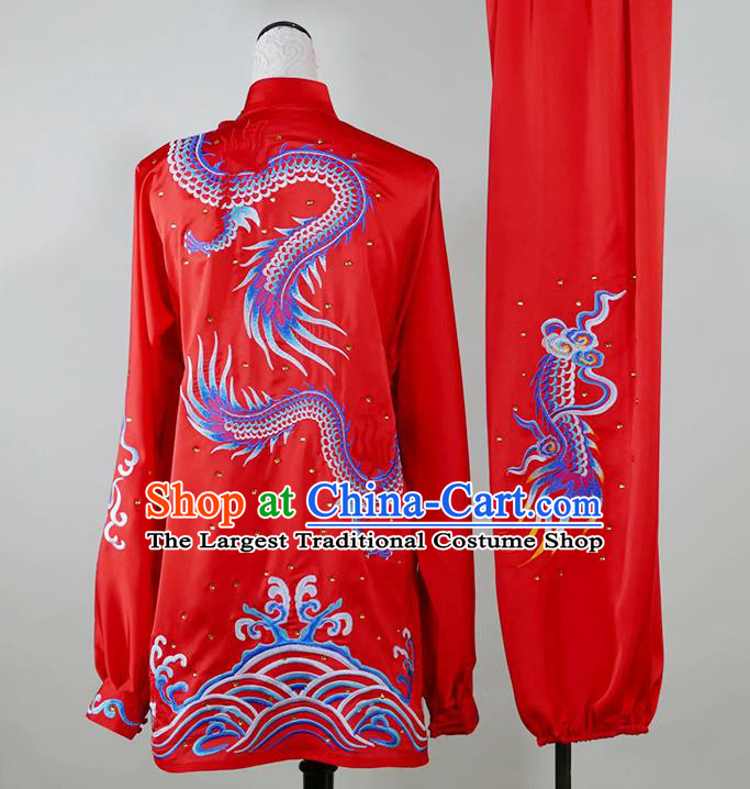 China Changquan Boxing Competition Embroidered Dragon Uniforms Martial Arts Garment Costumes Kung Fu Tai Ji Performance Red Suits