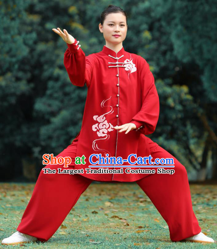 Chinese Tai Ji Chuan Printing Red Outfits Tai Chi Group Competition Clothing Martial Arts Kungfu Performance Garments