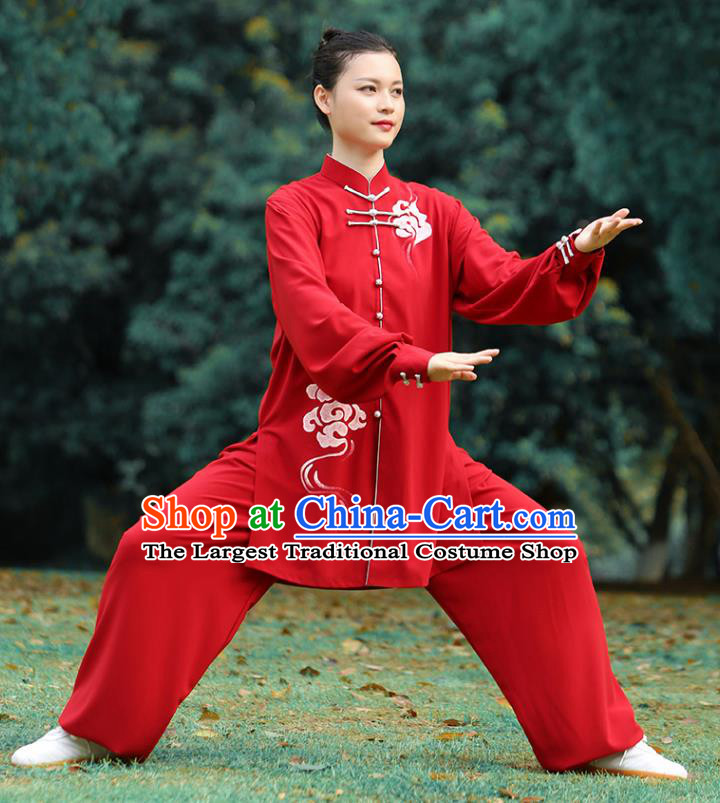 Chinese Tai Ji Chuan Printing Red Outfits Tai Chi Group Competition Clothing Martial Arts Kungfu Performance Garments