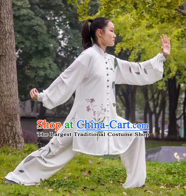 Chinese Martial Arts Printing White Outfits Kung Fu Wushu Competition Clothing Tai Chi Sword Performance Suits