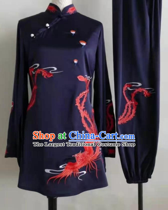 Chinese Martial Arts Navy Outfits Wushu Competition Embroidered Phoenix Clothing Kung Fu Tai Chi Performance Suits