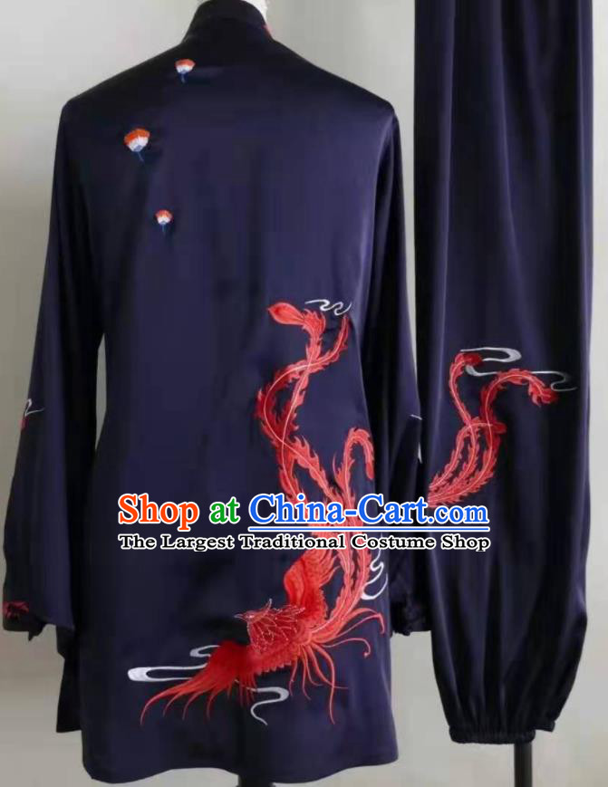 Chinese Wushu Competition Embroidered Phoenix Clothing Kung Fu Tai Chi Performance Suits Martial Arts Navy Outfits