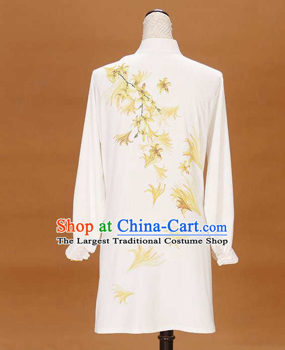 Chinese Tai Chi Sword Performance Suits Martial Arts Printing Maple Leaf White Outfits Kung Fu Tai Ji Competition Clothing