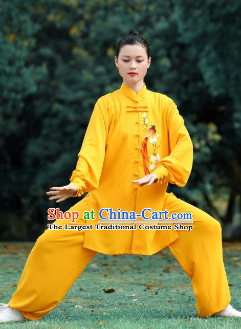 Chinese Martial Arts Kungfu Performance Garments Tai Ji Chuan Printing Flowers Bird Yellow Outfits Tai Chi Group Competition Clothing