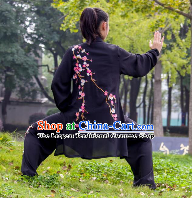 Chinese Kung Fu Tai Ji Embroidered Plum Butterfly Clothing Tai Chi Sword Performance Suits Martial Arts Competition Black Outfits