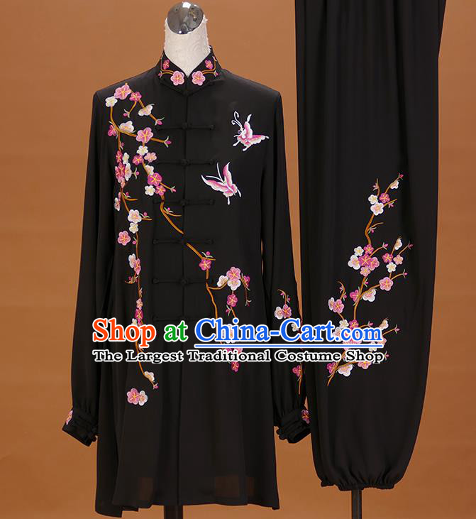 Chinese Kung Fu Tai Ji Embroidered Plum Butterfly Clothing Tai Chi Sword Performance Suits Martial Arts Competition Black Outfits