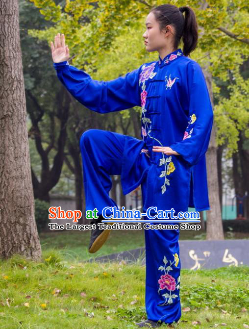 Chinese Martial Arts Competition Royalblue Outfits Kung Fu Tai Ji Embroidered Peony Clothing Tai Chi Sword Performance Suits