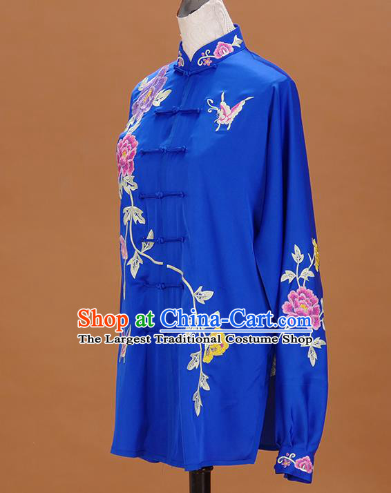 Chinese Martial Arts Competition Royalblue Outfits Kung Fu Tai Ji Embroidered Peony Clothing Tai Chi Sword Performance Suits