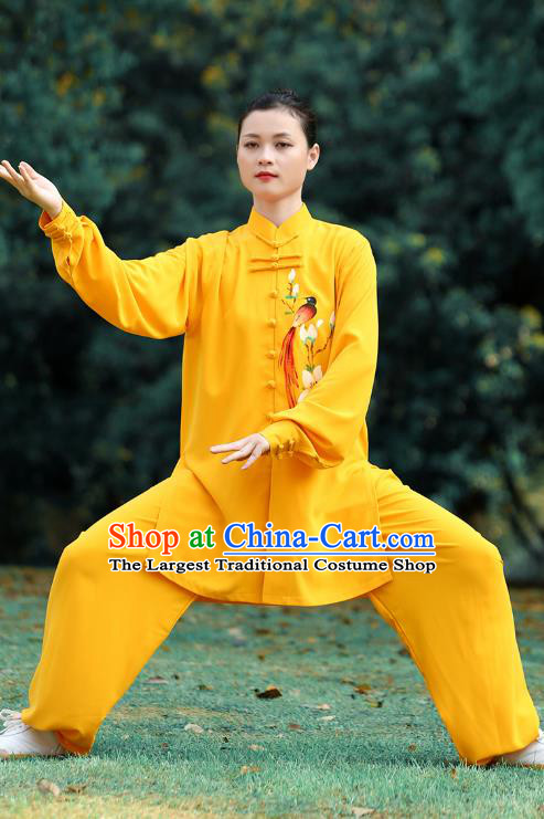 Chinese Martial Arts Kungfu Performance Garments Tai Ji Chuan Printing Flowers Bird Yellow Outfits Tai Chi Group Competition Clothing