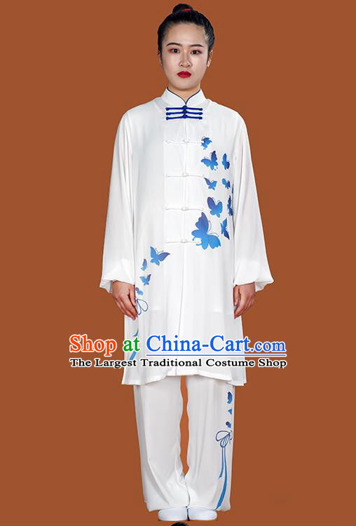 Chinese Tai Chi Performance White Suits Martial Arts Competition Printing Butterfly Outfits Kung Fu Tai Ji Training Clothing