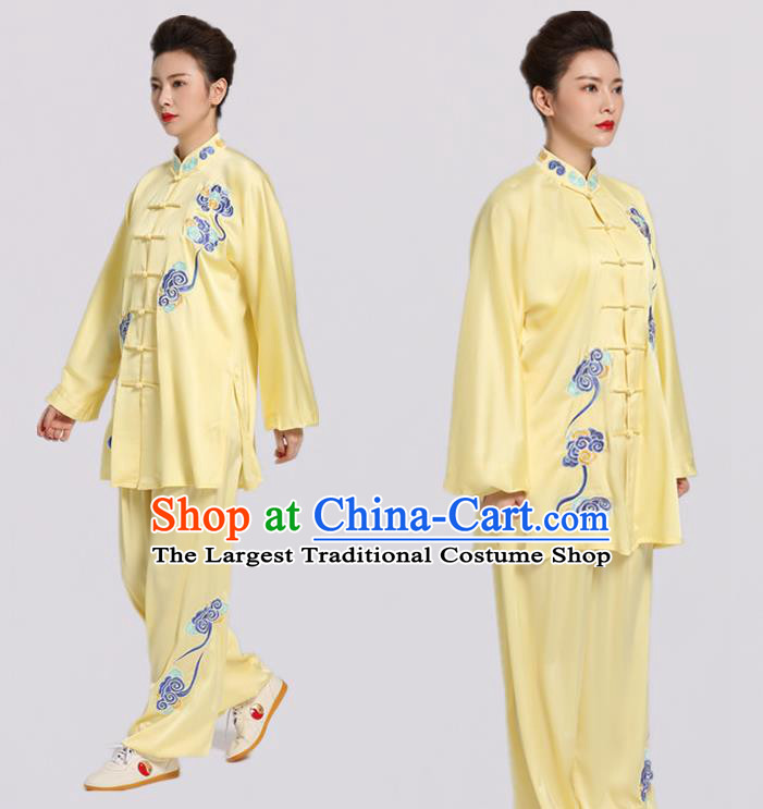Chinese Martial Arts Embroidered Clouds Outfits Kung Fu Tai Ji Training Clothing Tai Chi Competition Yellow Suits