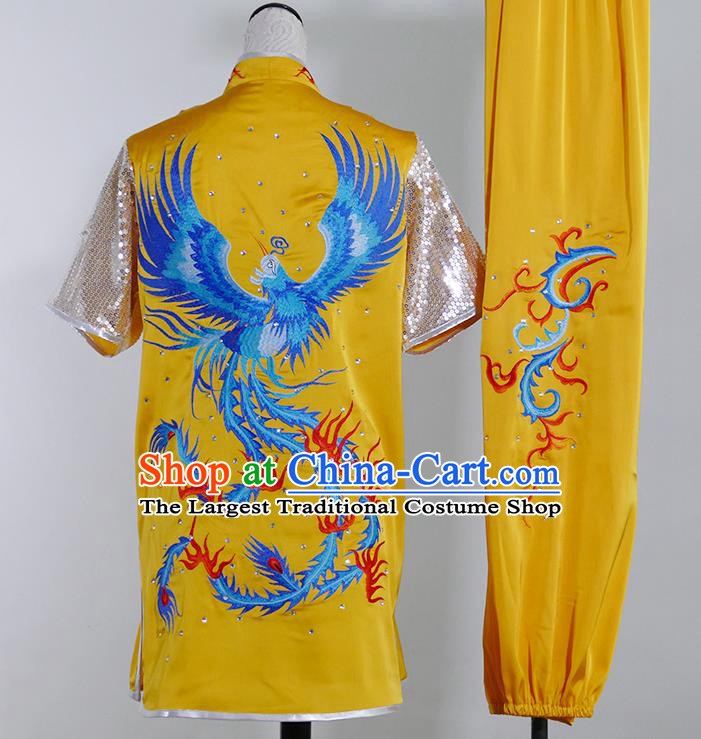 Chinese Kung Fu Tai Chi Performance Yellow Suits Martial Arts Embroidered Phoenix Short Sleeve Outfits Wushu Competition Clothing