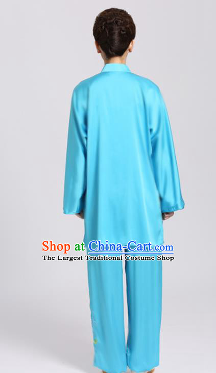 Chinese Martial Arts Embroidered Chrysanthemum Outfits Kung Fu Tai Ji Training Clothing Tai Chi Competition Blue Suits