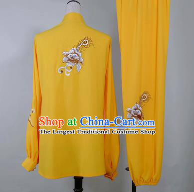 Chinese Tai Chi Performance Yellow Suits Martial Arts Embroidered Peony Outfits Kung Fu Wushu Competition Clothing