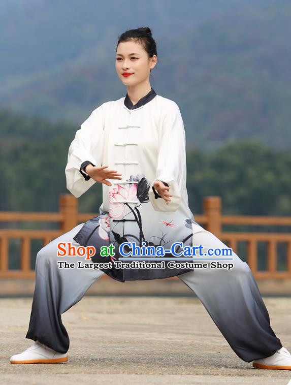 Chinese Kung Fu Printing Lotus Suits Tai Ji Chuan Gradient Black Outfits Tai Chi Group Performance Clothing Martial Arts Competition Garment