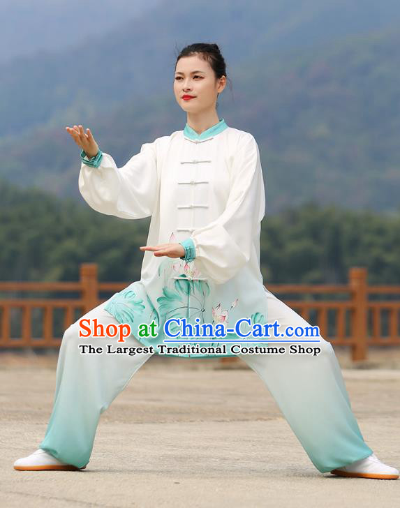 Chinese Martial Arts Competition Garment Kung Fu Printing Lotus Suits Tai Ji Chuan Gradient Green Outfits Tai Chi Group Performance Clothing