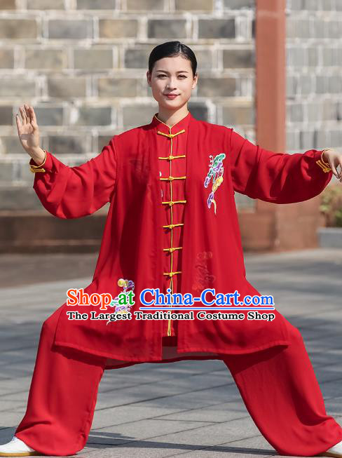 Chinese Martial Arts Garment Kung Fu Competition Embroidered Red Suits Tai Ji Performance Outfits Tai Chi Clothing