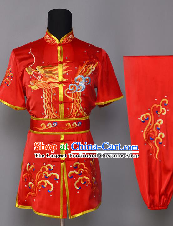China Southern Boxing Garment Costumes Wushu Competition Embroidered Dragon Red Uniforms Martial Arts Clothing Kung Fu Performance Suits
