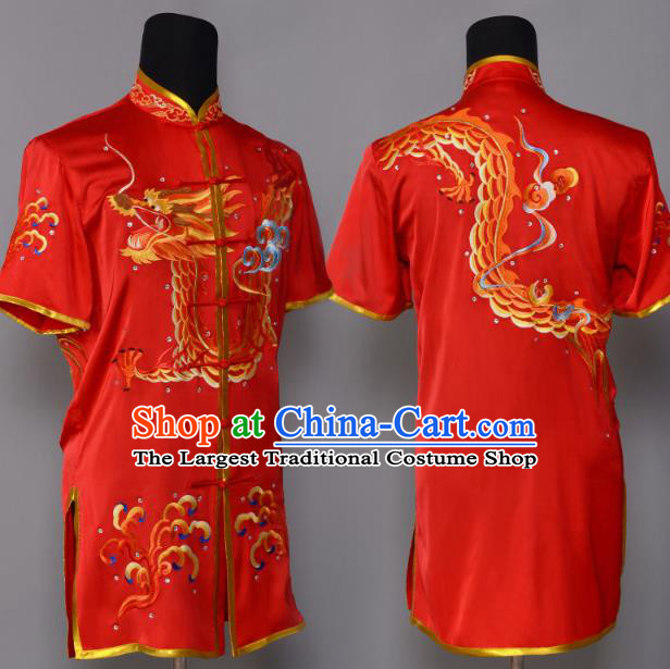 China Southern Boxing Garment Costumes Wushu Competition Embroidered Dragon Red Uniforms Martial Arts Clothing Kung Fu Performance Suits