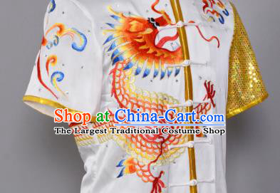 China Kung Fu Performance Suits Southern Boxing Garment Costumes Wushu Competition Embroidered Dragon White Uniforms Martial Arts Clothing