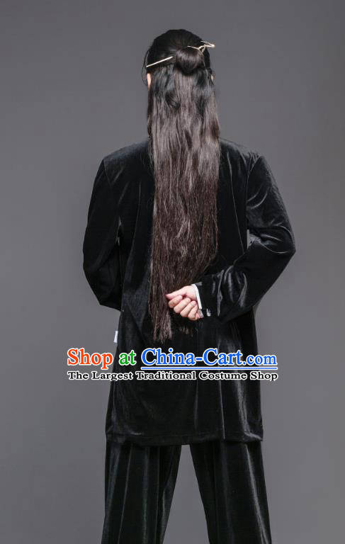 China Tai Chi Garment Costumes Wushu Training Uniforms Martial Arts Clothing Tai Ji Performance Embroidered Dragon Black Velvet Suits