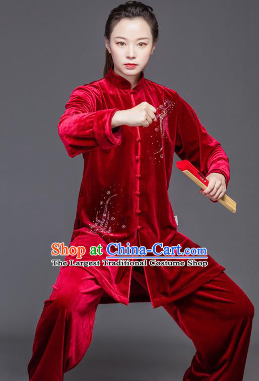 Chinese Kung Fu Competition Suits Tai Ji Performance Red Pleuche Outfits Tai Chi Clothing Martial Arts Garment