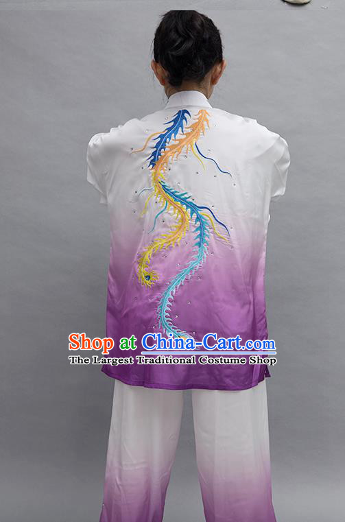 Chinese Tai Chi Performance Garment Costume Kung Fu Competition Suits Martial Arts Embroidered Phoenix Purple Outfits