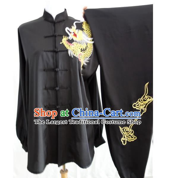 China Wushu Training Uniforms Martial Arts Clothing Tai Ji Performance Embroidered Dragon Black Suits Tai Chi Garment Costumes