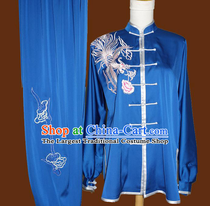 Chinese Kung Fu Wing Chun Competition Suits Martial Arts Embroidered Phoenix Royalblue Outfits Tai Chi Performance Garment Costume