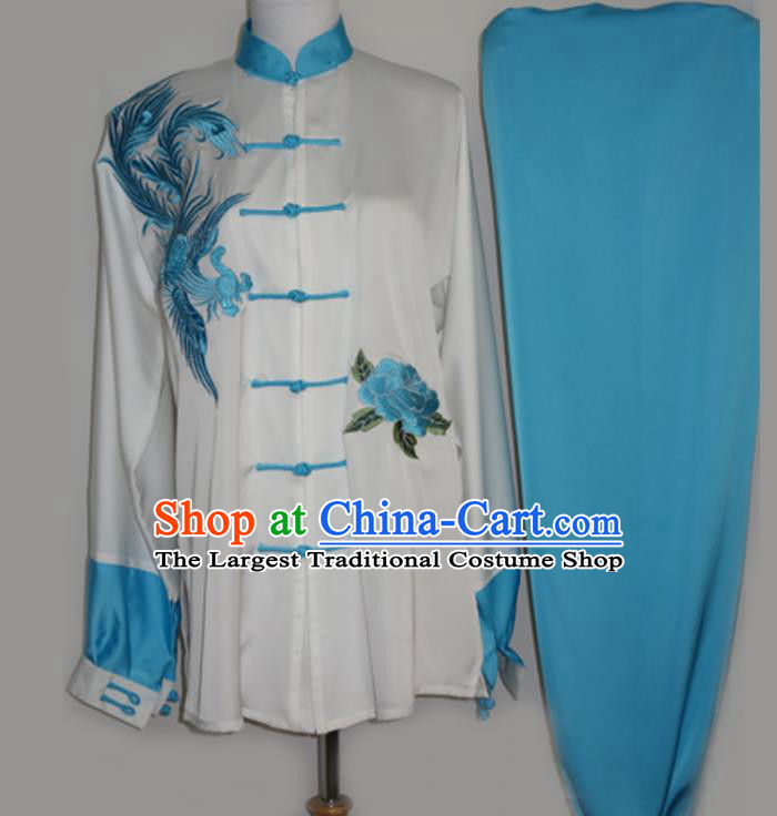 Chinese Kung Fu Tai Ji Competition Suits Martial Arts Embroidered Phoenix Blue Outfits Tai Chi Garment Costume