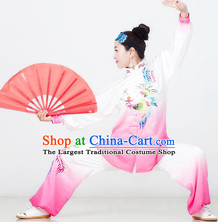 Chinese Martial Arts Embroidered Phoenix Pink Outfits Tai Chi Competition Garment Costume Kung Fu Tai Ji Performance Suits