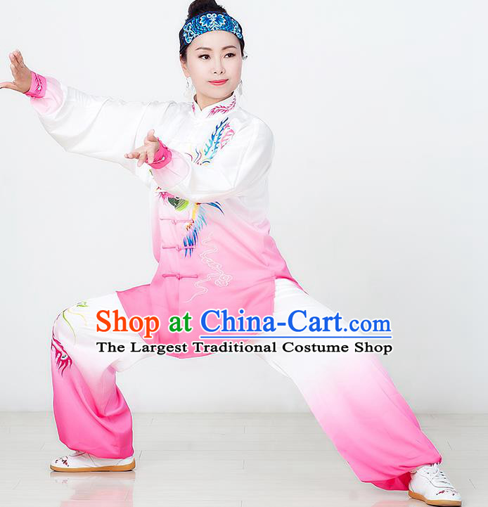 Chinese Martial Arts Embroidered Phoenix Pink Outfits Tai Chi Competition Garment Costume Kung Fu Tai Ji Performance Suits