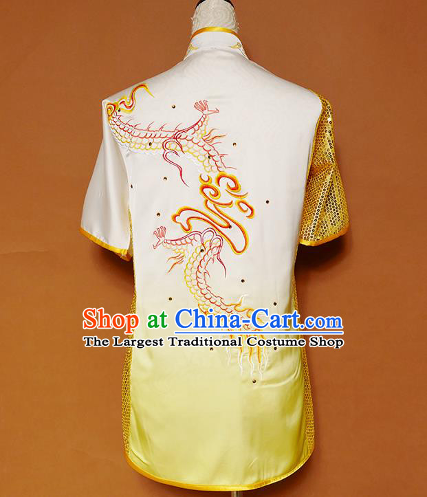 China Wushu Kongfu Sequins Garment Costumes Nanquan Boxing Training Yellow Suits Kung Fu Competition Uniforms