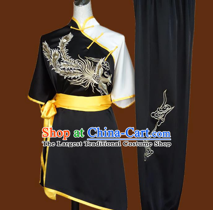 Chinese Martial Arts Embroidered Phoenix Black Outfits Wushu Competition Garment Costume Kung Fu Tai Chi Performance Suits
