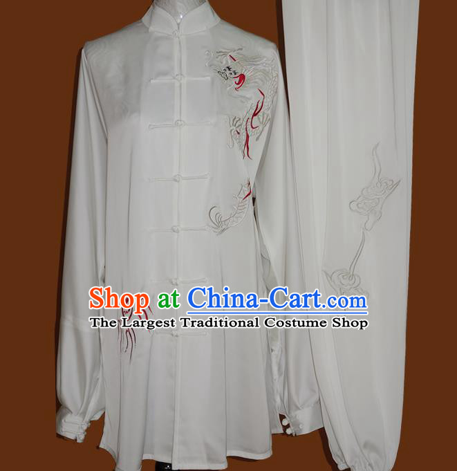 China Tai Chi Garment Costumes Nanquan Boxing Training Embroidered Dragon Suits Kung Fu Competition White Uniforms
