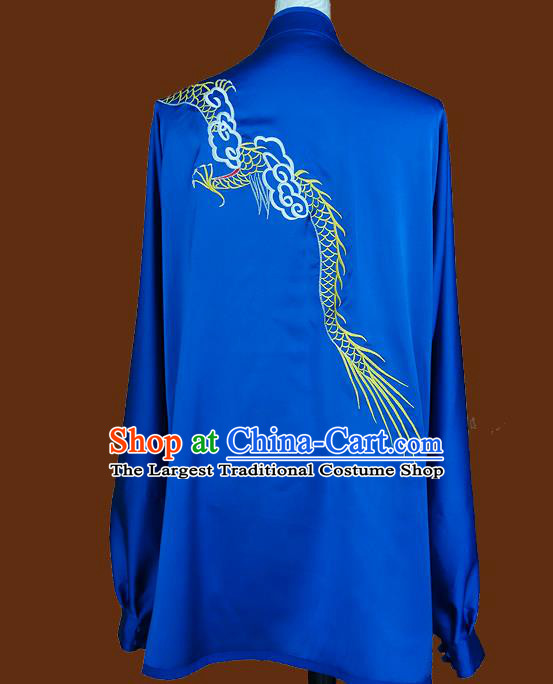 China Kung Fu Competition Blue Uniforms Tai Chi Group Performance Garment Costumes Wu Shu Embroidered Dragon Suits
