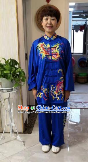 China Tai Chi Competition Royalblue Uniforms Martial Arts Embroidered Dragon Garment Costumes Kung Fu Tai Ji Suits