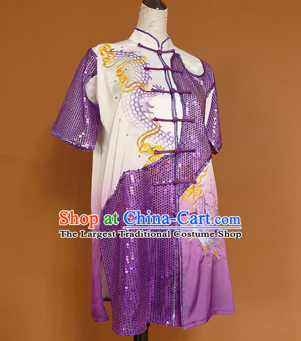 China Kung Fu Competition Purple Uniforms Martial Arts Garment Costumes Wu Shu Chang Boxing Embroidered Dragon Suits