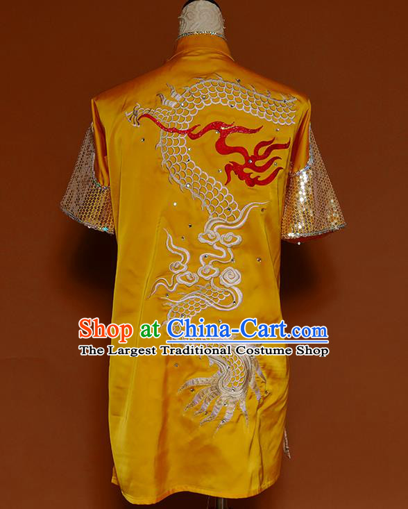China Wu Shu Chang Boxing Golden Sequins Suits Kung Fu Competition Uniforms Martial Arts Embroidered Garment Costumes