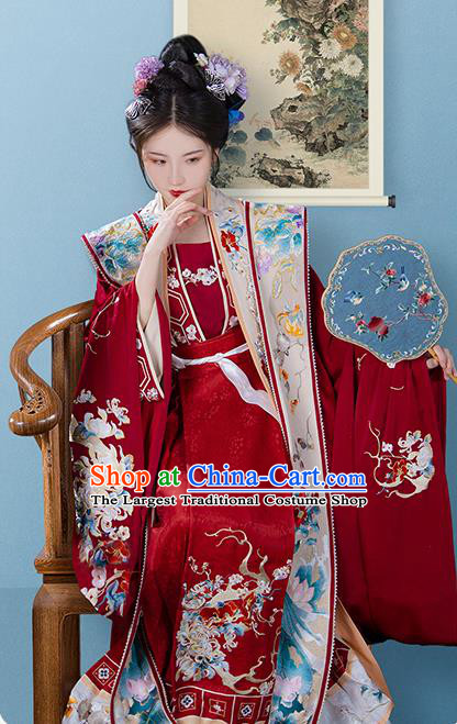China Song Dynasty Embroidered Historical Garment Costumes Ancient Court Empress Red Hanfu Dress Clothing for Women